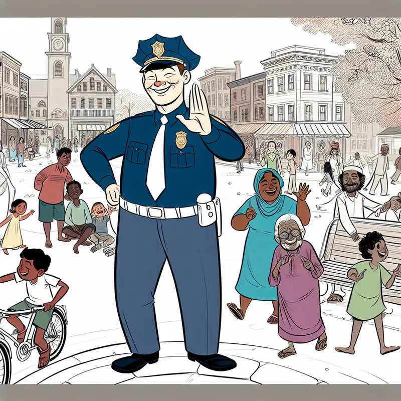 Een cartoon van een vriendelijke politieagent in een druk stadsplein, omringd door blije burgers en een kind op een fiets.