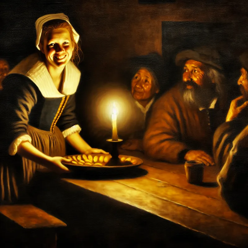 Vriendelijke serveerster in een 17e-eeuwse Nederlandse taverne biedt met een warme glimlach eten aan gasten aan, verlicht door kaarslicht in Rembrandt-stijl