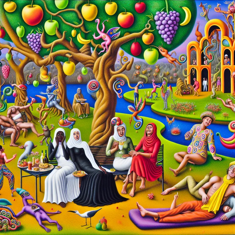 Een surrealistisch tafereel met een vriendelijke tuin vol diverse mensen die samen ontspannen onder een kleurrijke lucht.