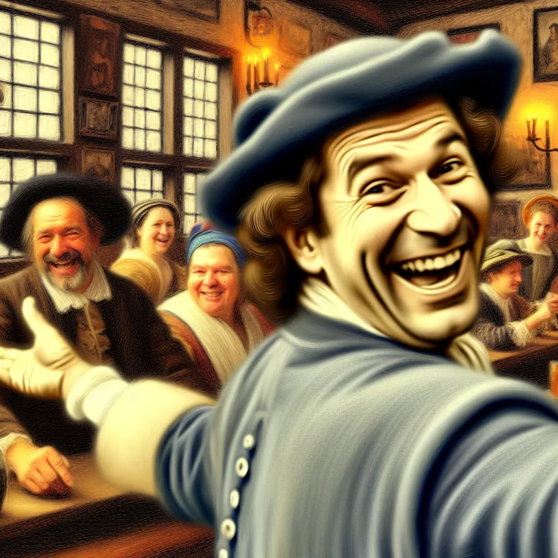 17e-eeuwse scène in Nederlandse taverne met vriendelijk glimlachende man