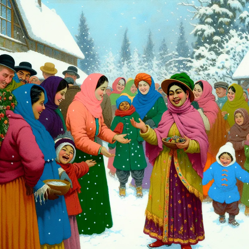 Een vrolijke winterse scène met een vrouw die vriendelijk praat met gasten in een besneeuwd landschap.