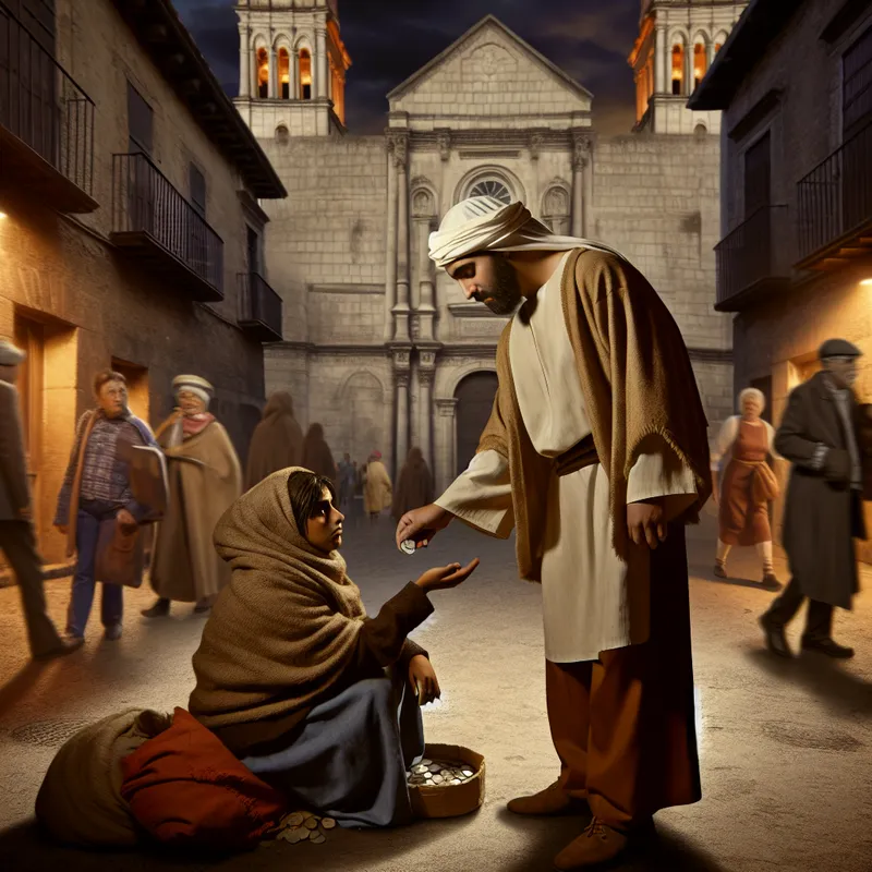 Een vriendelijk persoon geeft een munt aan een dakloze op een drukke straathoek