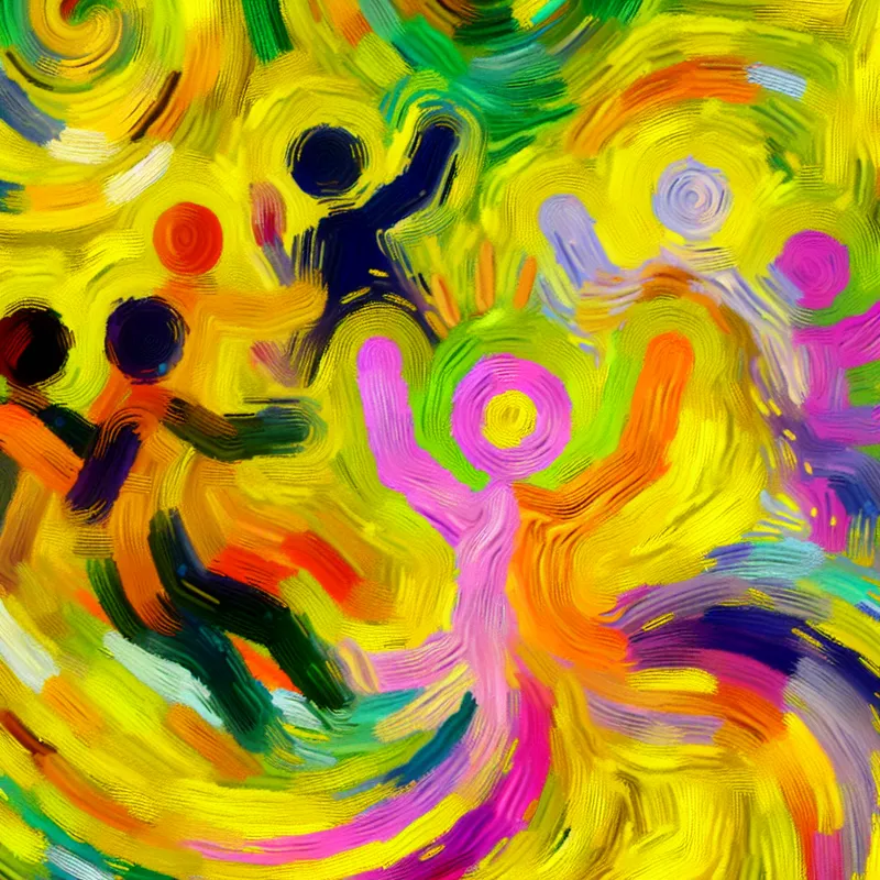 Abstract expressionist schilderij dat vriendelijkheid uitdrukt door een blije figuur die omringd is door een diverse groep mensen, met kleurrijke penseelstreken die warmte en positieve energie symboliseren.