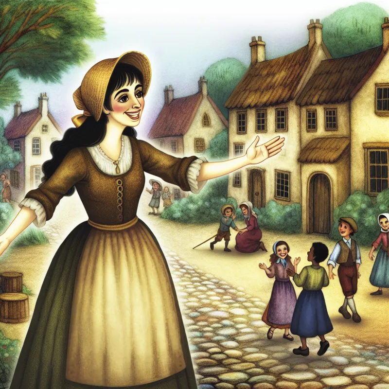 Vrouw loopt glimlachend en zwaaiend in een Anton Pieck-achtig dorp