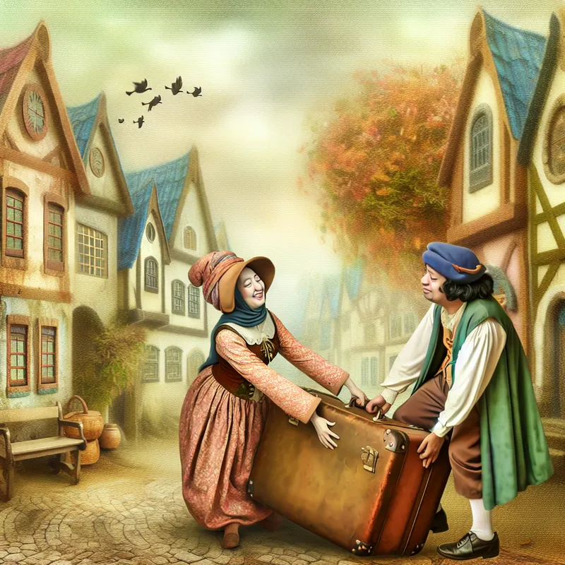 Een vriendelijke persoon helpt een vriend door een grote, vintage koffer op te tillen in een sprookjesachtige omgeving.