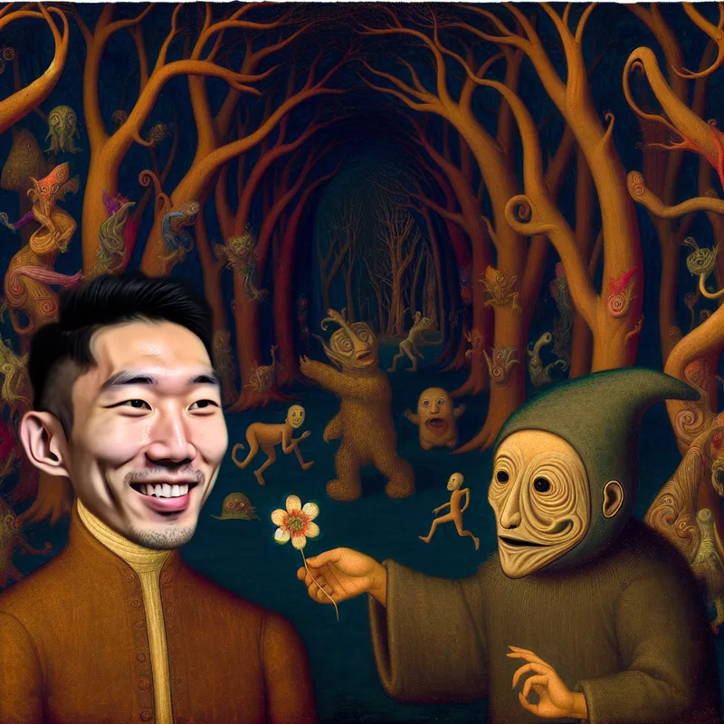 Een persoon met een vriendelijke glimlach die een bloem aanbiedt aan een klein, fantasierijk wezen in een donkere, surrealistische bosomgeving vol bizarre creaturen.