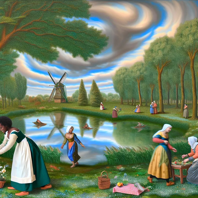 Jonge vrouw toont vriendelijkheid in park met fonkelende vijver en oude windmolen