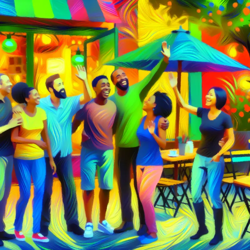 Een groep diverse vrienden neemt afscheid buiten een kleurrijk café in de late namiddag.