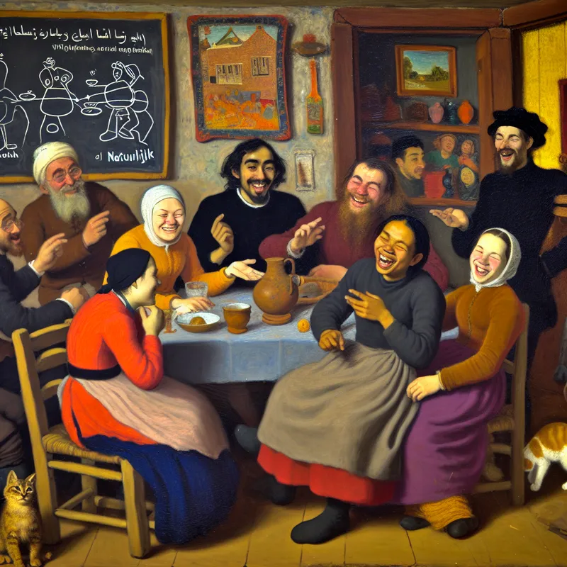 Een groep vrienden verzameld rond een tafel in een gezellige, rustieke kamer, terwijl een vriend iets uitlegt en anderen aandachtig luisteren.