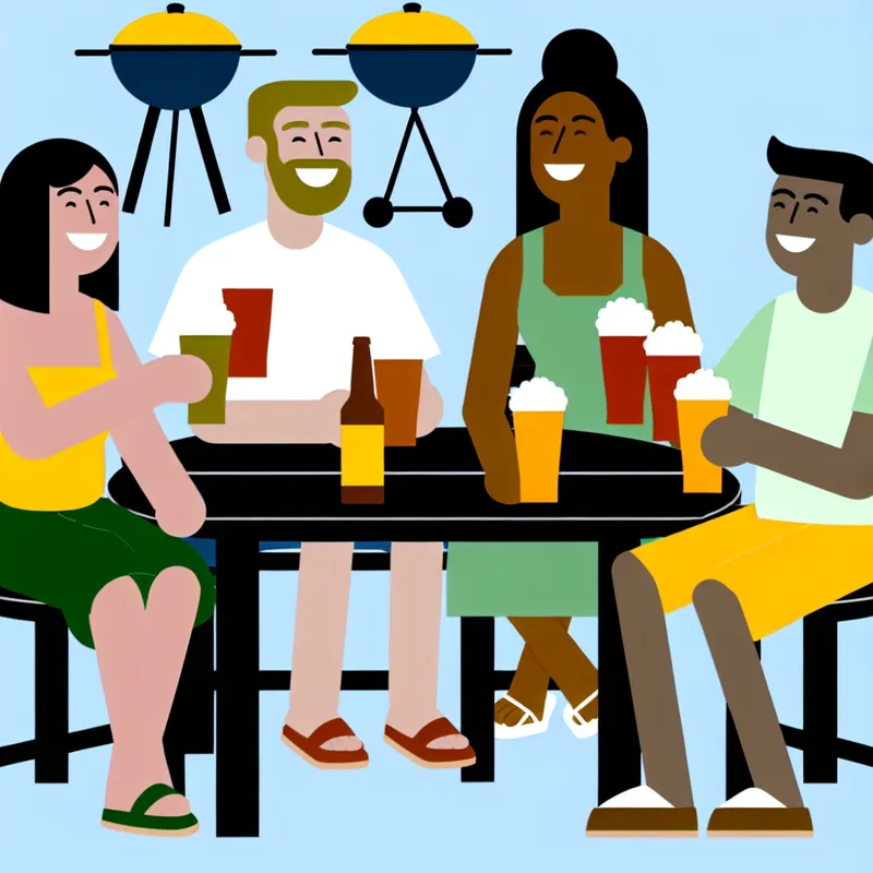 Illustratie van een groep vrienden die buiten aan een tafel zitten met bier in de hand en lachend genieten van elkaars gezelschap.
