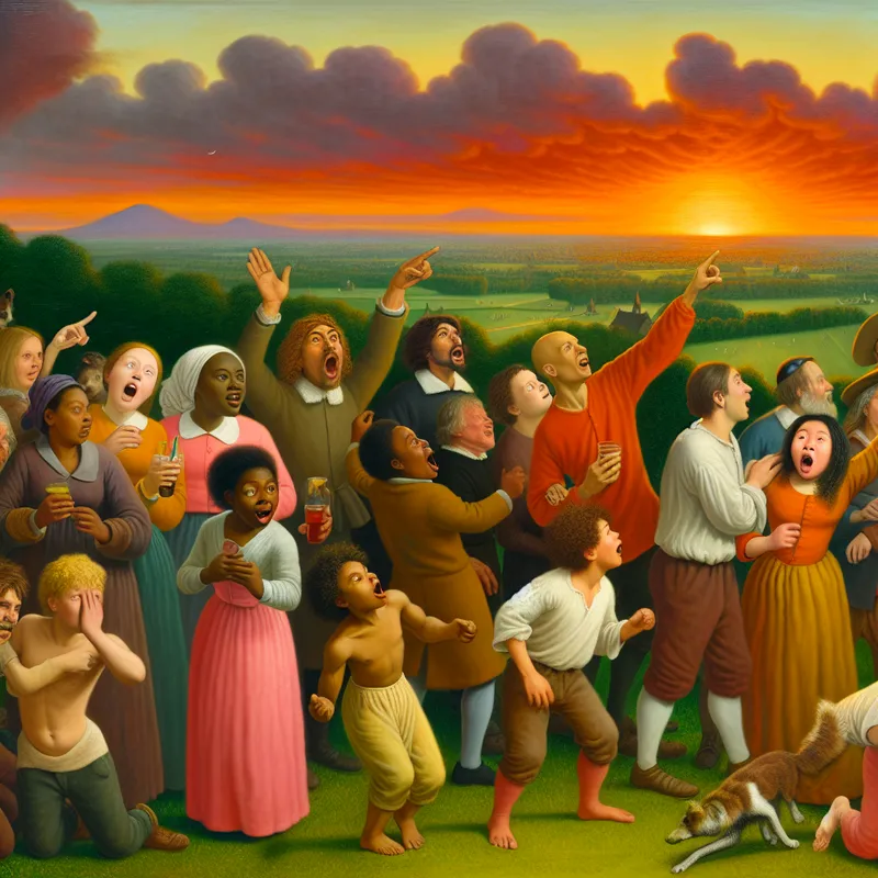 Groep vrienden op een groene heuvel die naar een adembenemende zonsondergang kijken, met oprechte verbazing en vreugde op hun gezichten.