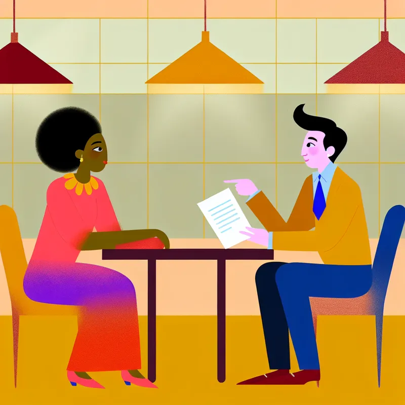 Twee vrienden zitten aan een lunchtafel en bespreken animated documenten en notities over een project.