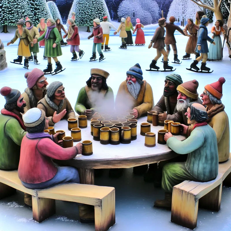 Een levendige winterse scène op een bevroren meer waar vrienden samenkomen rond een houten tafel met bekers warme dranken.