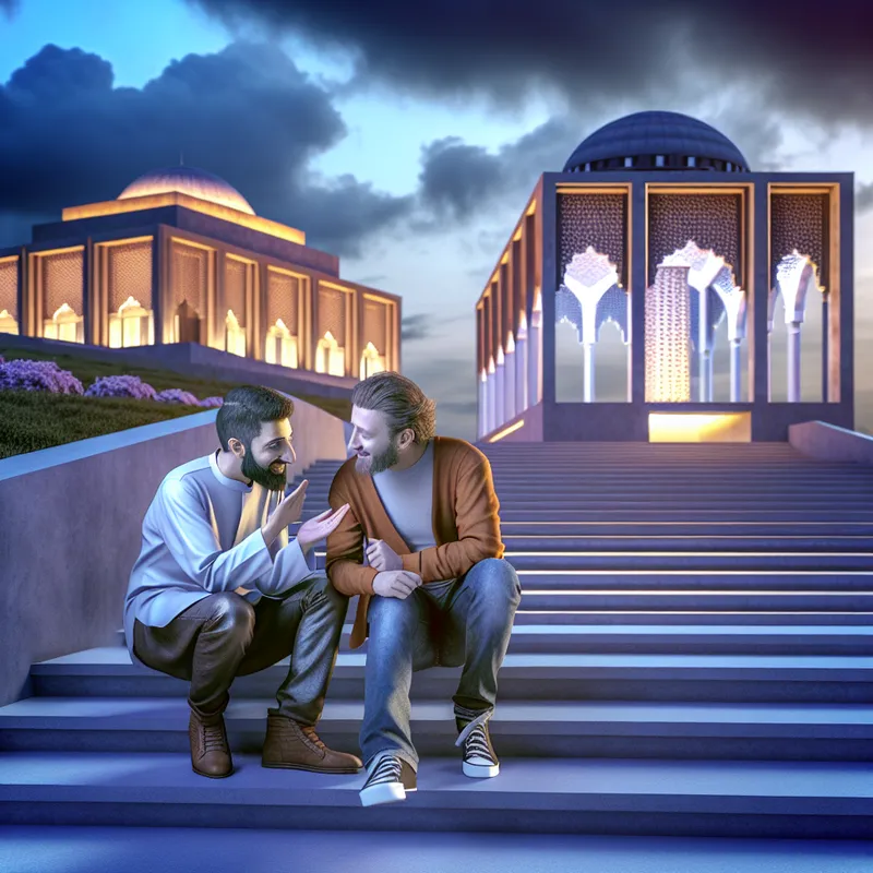 Twee vrienden in een serene stadslandschap tijdens de schemering, die op een monumentale trap zitten en een diepgaand gesprek voeren.