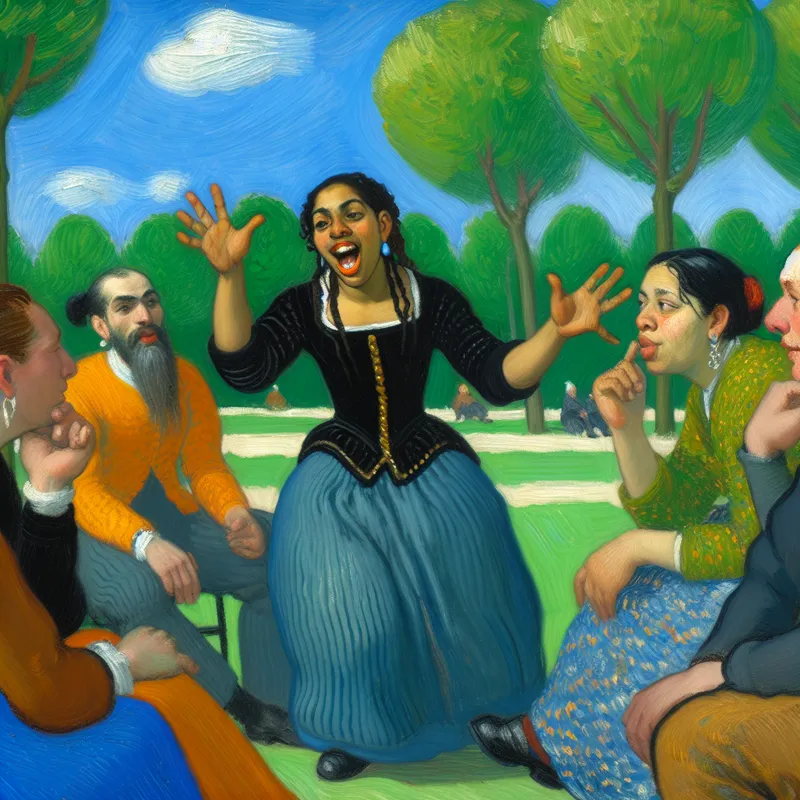 Groep vrienden in een park die enthousiast met elkaar communiceren, met levendige gezichten en handgebaren.