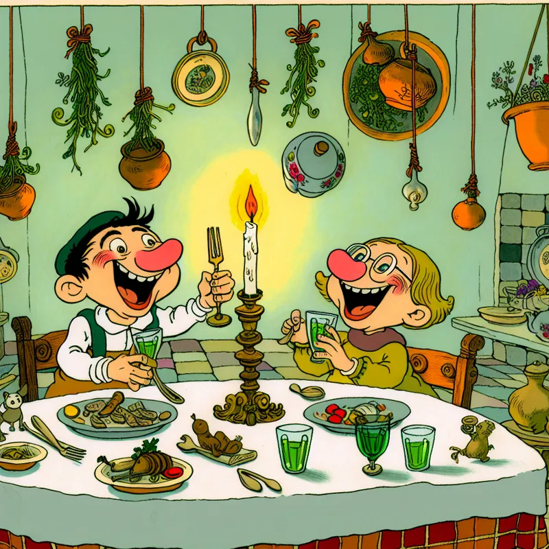 Cartoonachtige afbeelding van twee vrienden die samen genieten van een diner aan een gezellige tafel