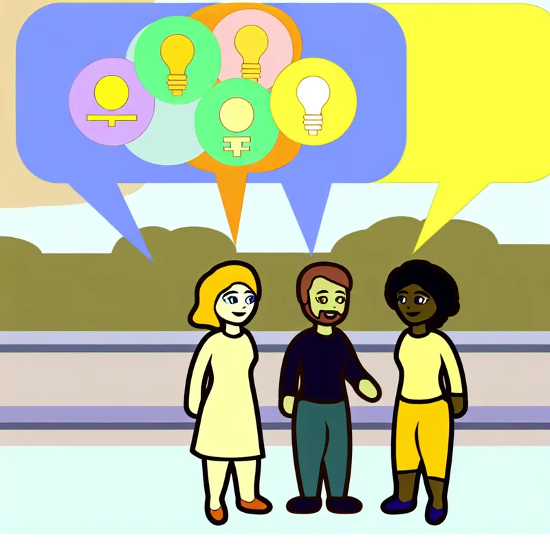 Drie diverse vrienden in cartoonstijl die in een vrolijke omgeving discussiëren, met kleurrijke denkballonnen boven hun hoofden.
