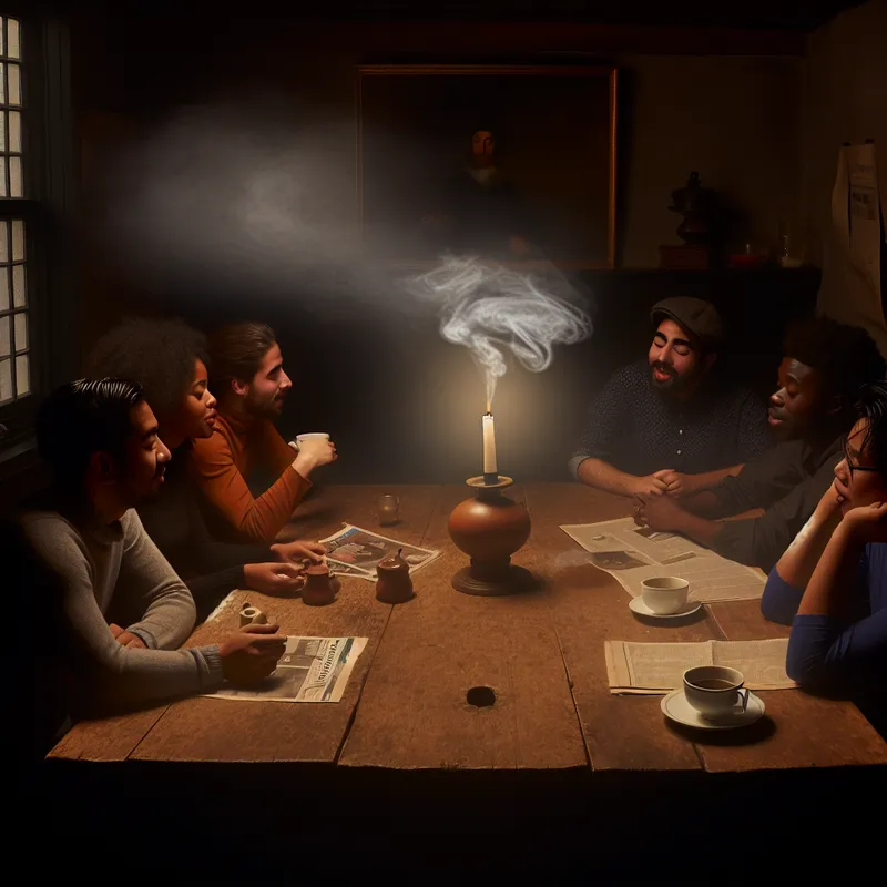 Een groep vrienden zit rond een houten tafel, vrolijk pratend in een knusse, sfeervolle kamer met een flickerende kaars.