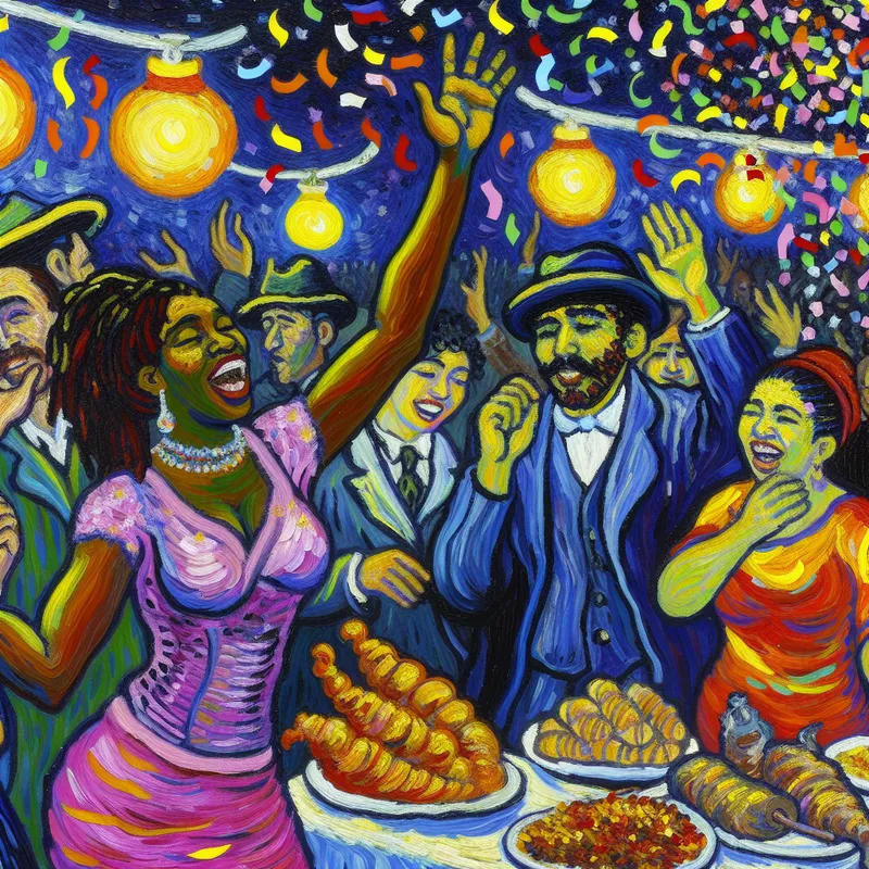 Een groep vrienden viert een feestje met confetti en kleurrijke lichten, geschilderd in de stijl van Vincent van Gogh.