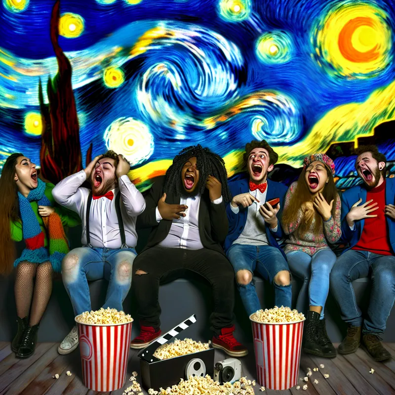 Vrolijke vrienden die staan te discussiëren over een film met grote popcornbakken en filmposters om hen heen, met verschillende uitdrukkingen van vreugde en verrassing.