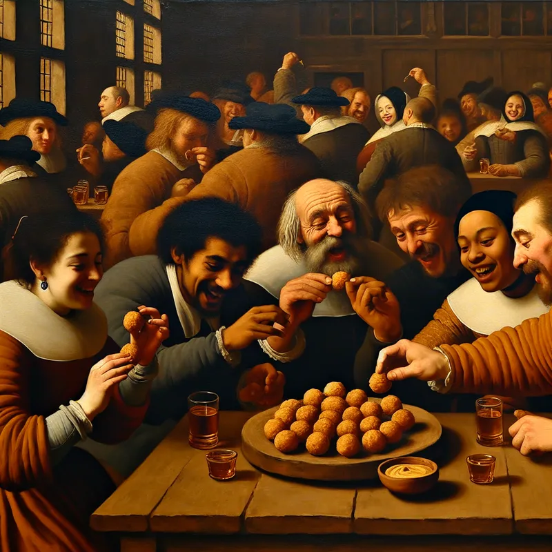 Een levendig tafereel in een Nederlandse taverne met vrienden die genieten van bitterballen.