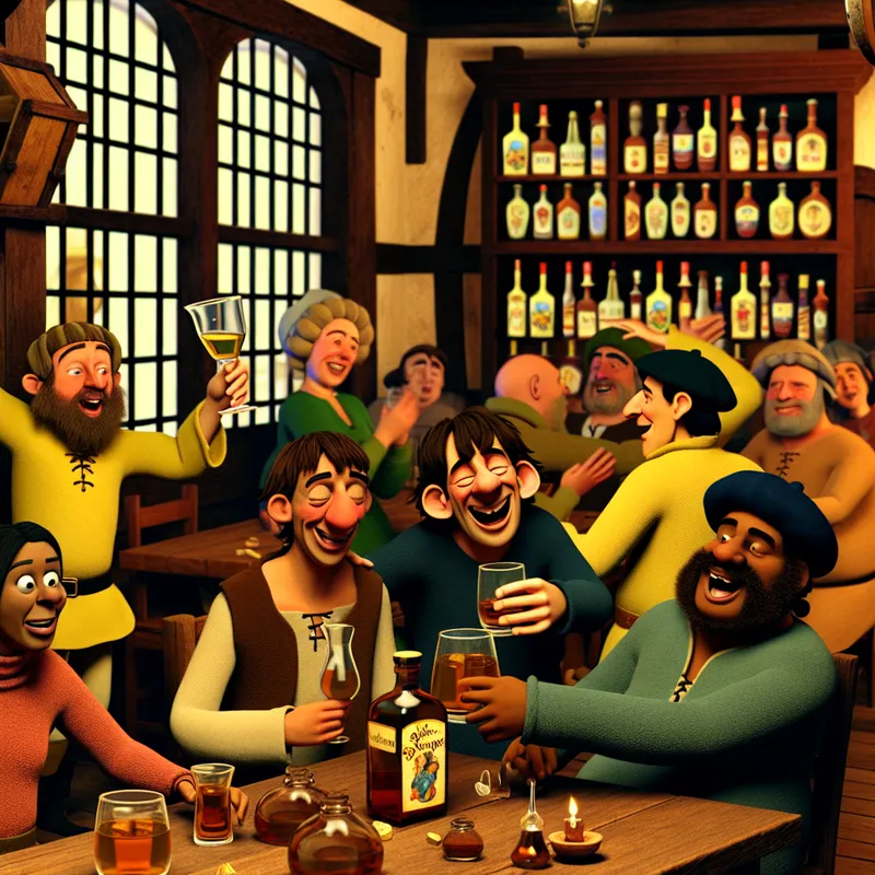 Vrolijke vrienden in een gezellige taverne, proostend met schnapps en genietend van elkaars gezelschap.