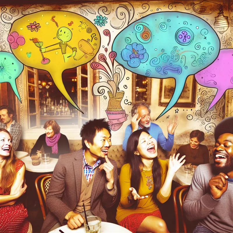 Groep vrienden die lachen en praten in een gezellige caféomgeving, gevuld met kleurrijke spraakballonnen.