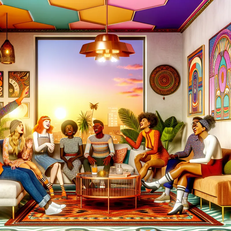 Een levendig en uitnodigend tafereel van vrienden die samen lachen in een gezellige woonkamer met retro-futuristische decoraties.