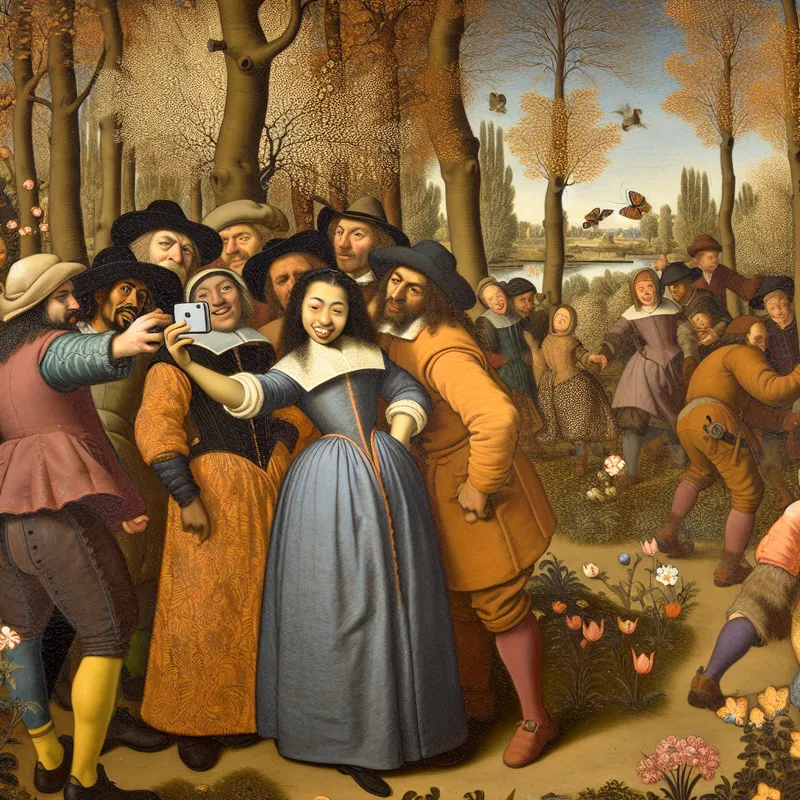 Groep vrienden poseren vrolijk voor een selfie in een zonnig park met bomen en bloemen.