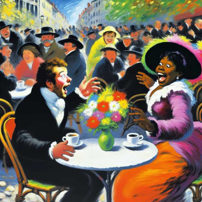 Twee vrienden die elkaar weerzien in een levendig buiten café, met blije gezichten en een zonnige sfeer.