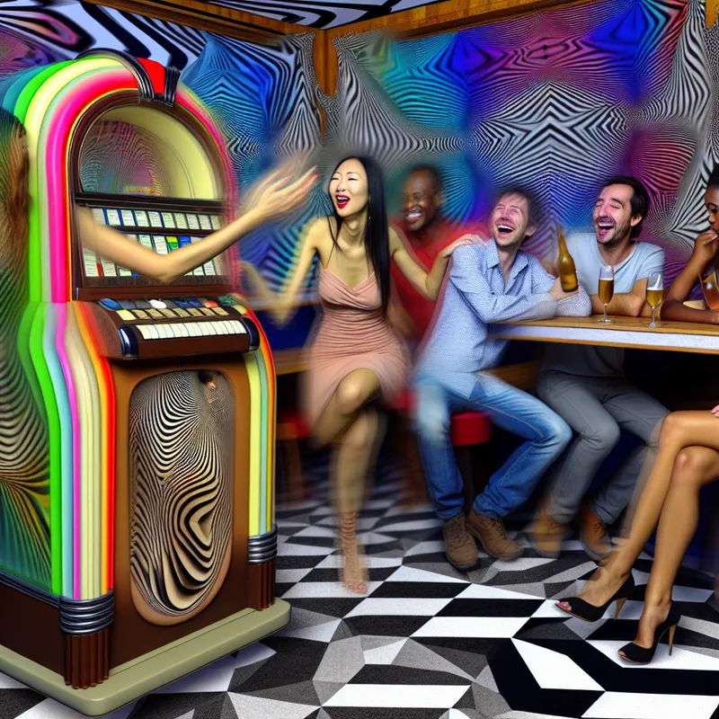 Vibrante, surrealistische scène van vrienden in een bar, die criticeren over hun omgeving, met een gedramatiseerde gebaar naar een vervormde jukebox.