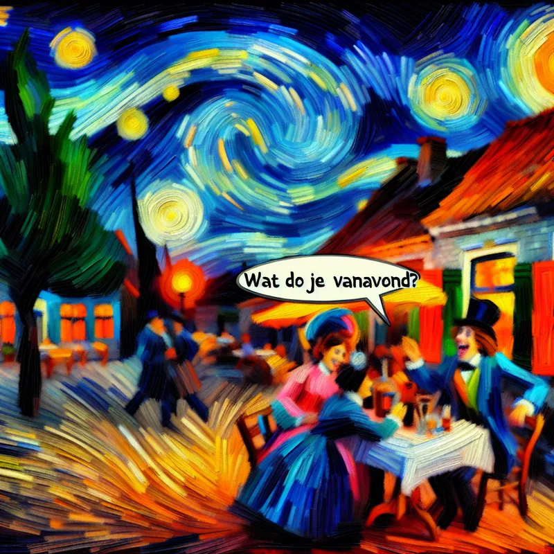Groep vrienden in een levendig café, met een vriend die een vraag stelt onder een sterrenlucht.