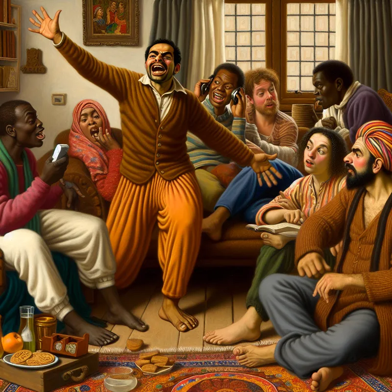 Een jonge man met een hoge stem die enthousiast zijn hand opsteekt in een drukke woonkamer vol vrienden.