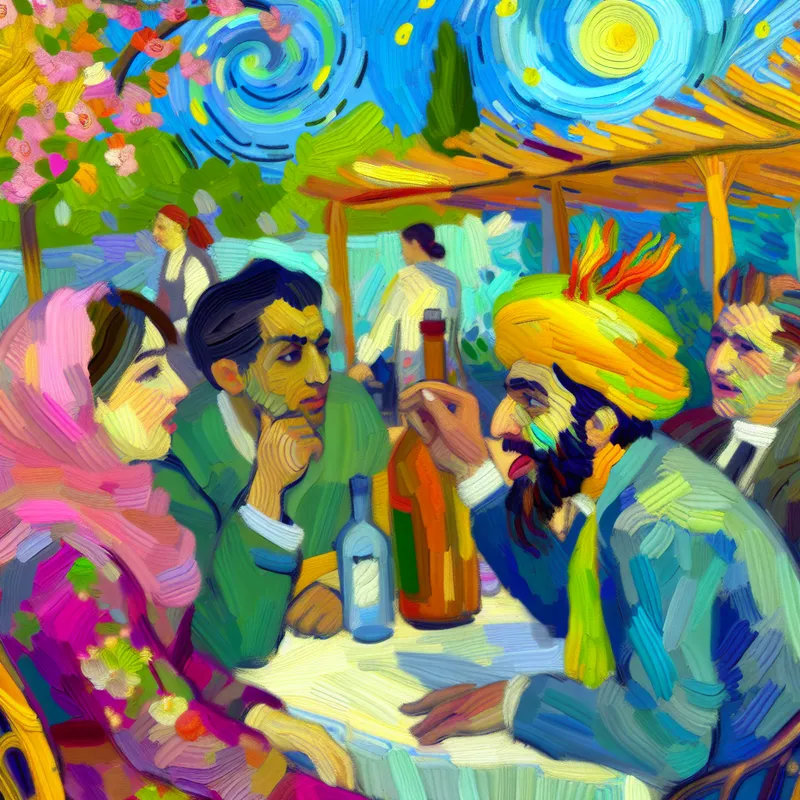 Een levendige scène van vrienden die samen aan een tafel zitten in een café, met een sfeer van saamhorigheid en betekenisvolle gesprekken.