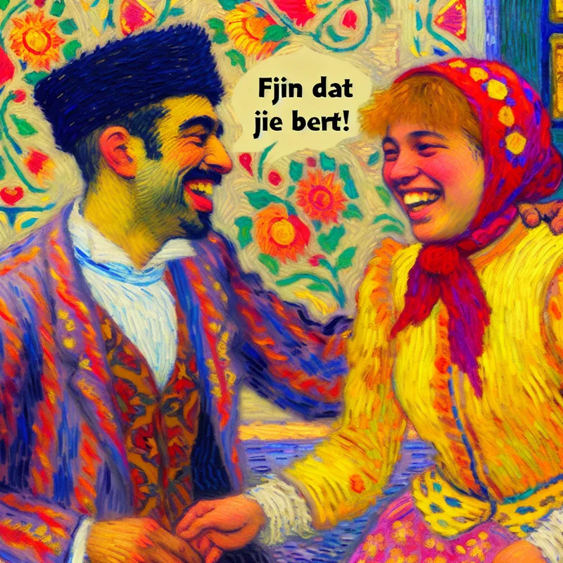 Twee vrienden in een zonnige kamer, vriendelijk met elkaar interactie en smiling, in de stijl van Vincent van Gogh.