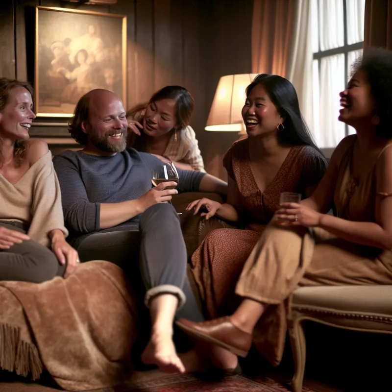 Een warme en intieme scène van een diverse groep vrienden die samen lachen en verhalen delen in een gezellige woonkamer.