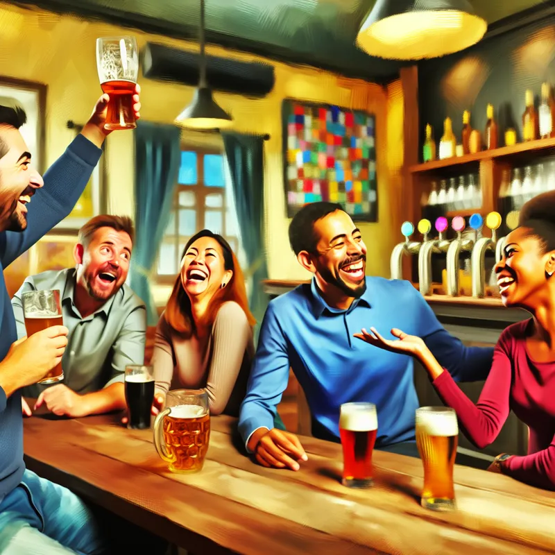 Groep vrienden genietend van bier in een levendige pub, met zachte verlichting en houten tafels.