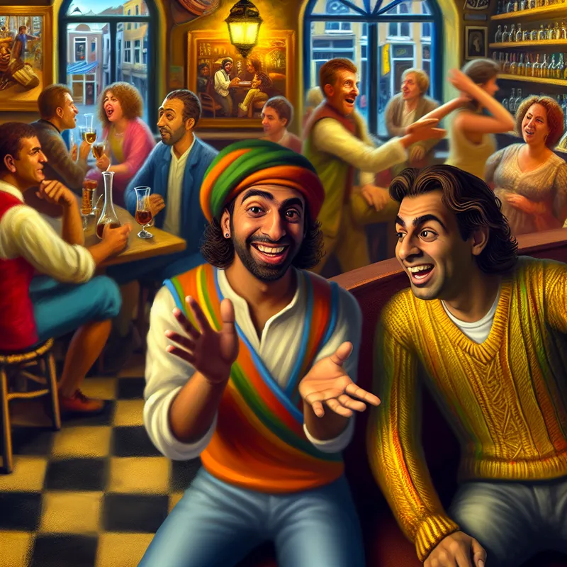 Twee jonge mannen in een gezellig café lachen en praten aan een tafel