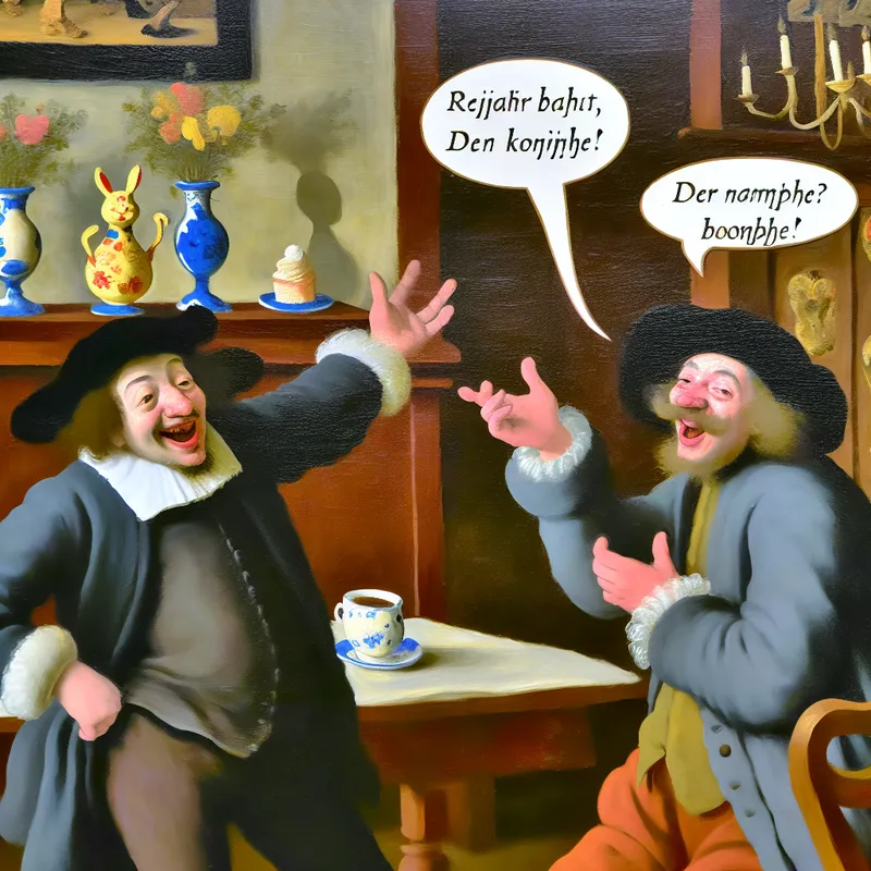 Twee vrienden in een gezellig Nederlands café, levendig in gesprek met verkleinwoorden.