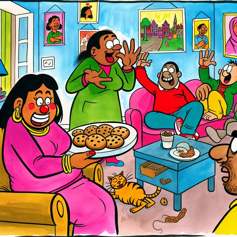 Cartoon scene of friends in a cozy living room with one holding cookies and another dismissing help