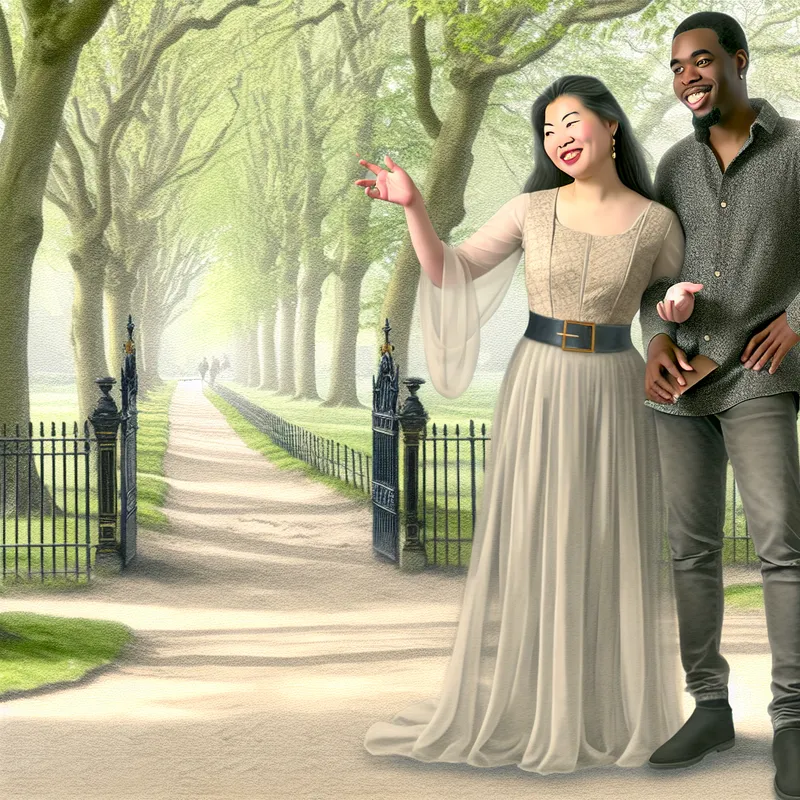 Twee vrienden in een park, in gesprek bij de ingang, met een lichte jurk en casual outfit, stralend en vriendelijke emoties.