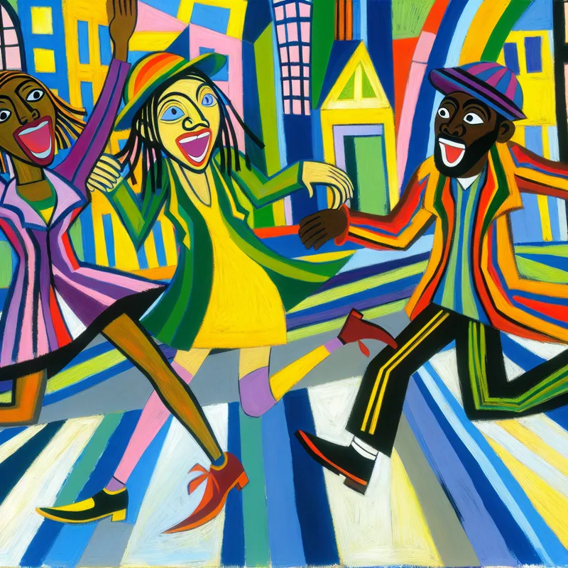 Twee vrienden ontmoeten elkaar onverwachts op een levendige straat in een drukke stad