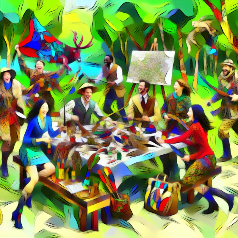 Een groep vrienden die enthousiast voorbereidingen treft voor een jacht in een levendig bos.