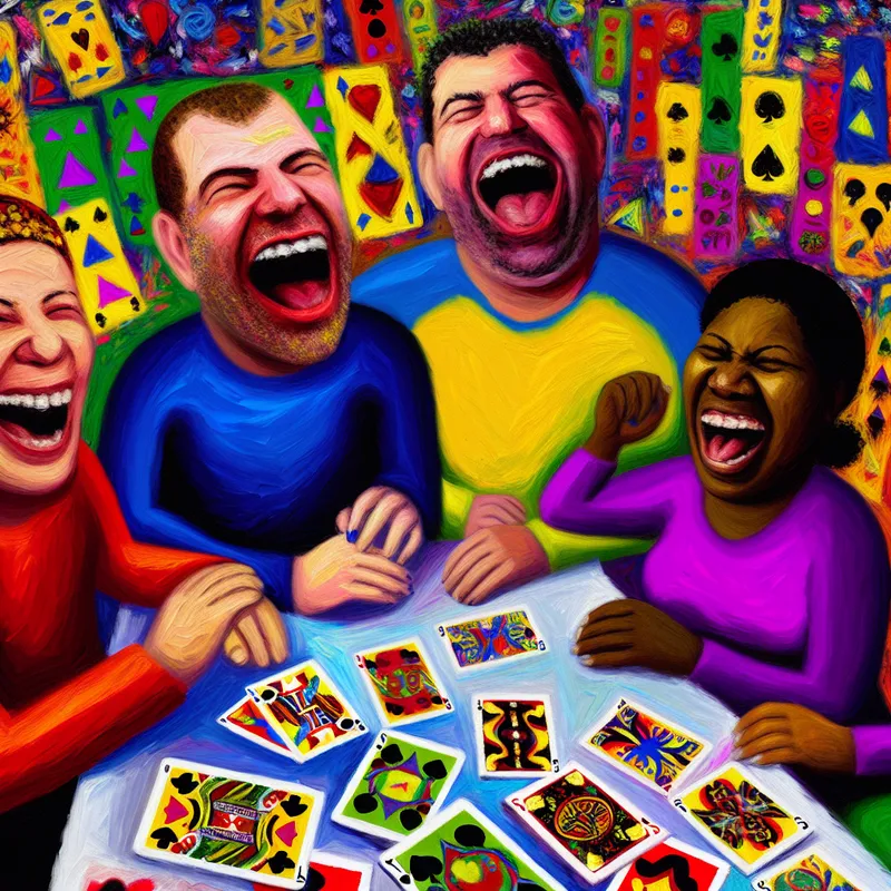 Vrienden die kaartspellen spelen aan een tafel, omringd door kleurrijke speelkaarten en een abstracte achtergrond