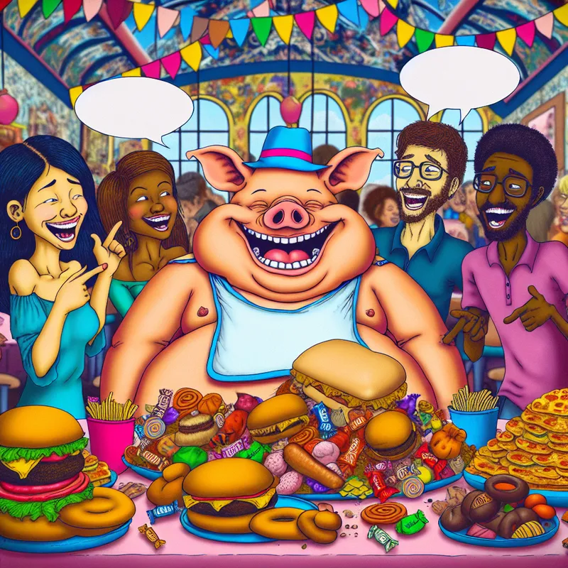 Een komisch figuur van een grote varken met een slabbetje, omringd door vrienden in een levendige eetgelegenheid.