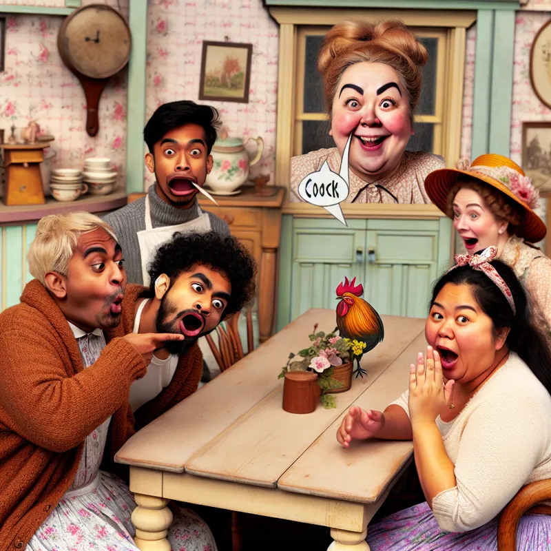 Groep vrienden in een vintage lunchroom, lachend rond een tafel met een vriend die een grap vertelt