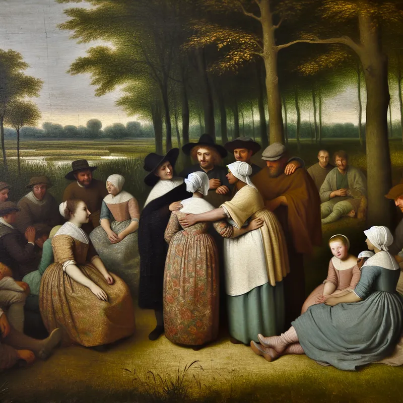 Groep vrienden in een schilderachtige buitenomgeving die loyaliteit tonen met een ondersteunend gebaar.