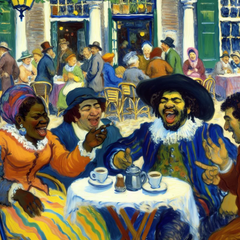 Drie vrienden delen een luchtig gerucht in een levendig café