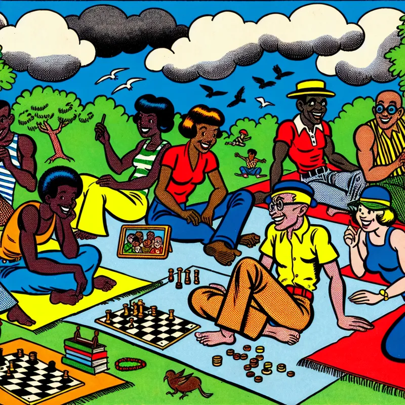 Een kleurrijke cartoon van vrienden die buiten ontspannen op een zonnige dag, met een projectiescherm en spelletjes.