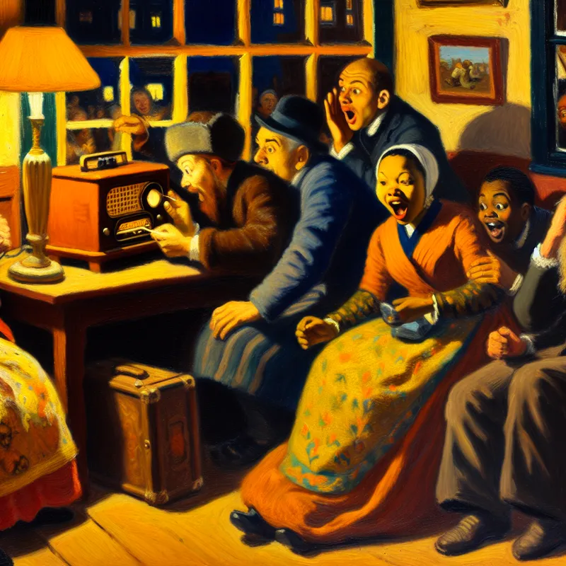 Groep vrienden in een gezellige woonkamer rondom een radio, intens luisterend naar nieuwsuitzending.